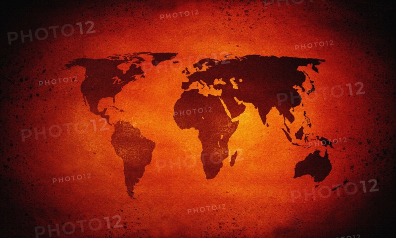 Hot glowing world map, global warming