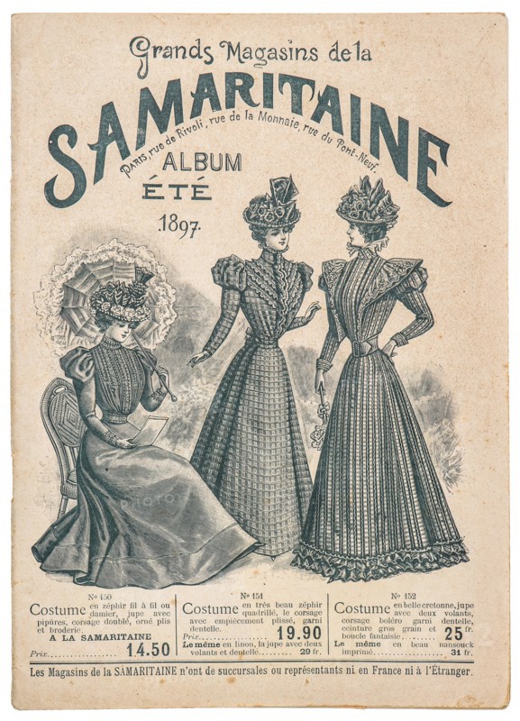 Antique fashion shop advertising, cover of original shopping catalog La Samaritaine, Paris, France, circa 1897