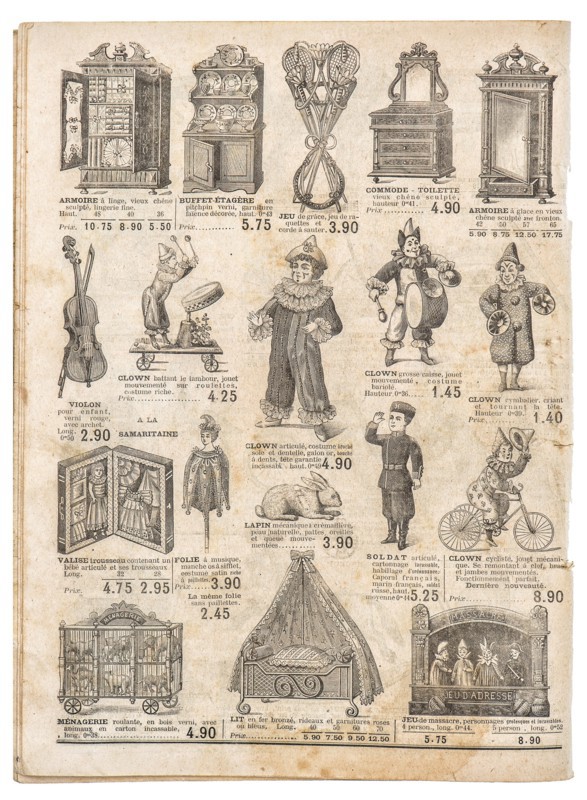 Vintage toys collection. Antique googs shop advertising, page of original shopping catalog La Samaritaine, Paris, France, circa 1897