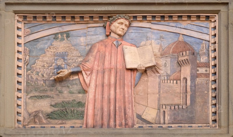Dante Alighieri is represented in many plates along the streets of Florence, Societa Dante Alighieri Cultural Society Building, Tuscany, Italy