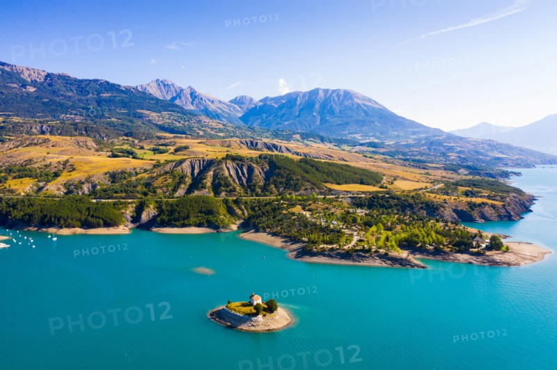 Aerial landscape with Serre-Poncon Lake and Alps, France