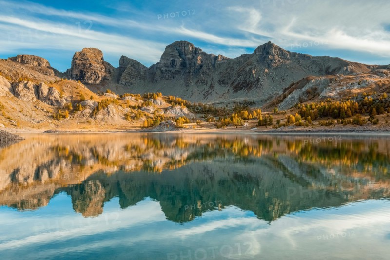 France - Provence - Haut Verdon - Reflection of the Tours du Lac in the Lac Allos.