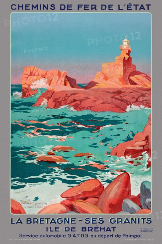Restored vintage travel poster. Ile de Bréhat by Louis Houpin, France. Poster published 1930.