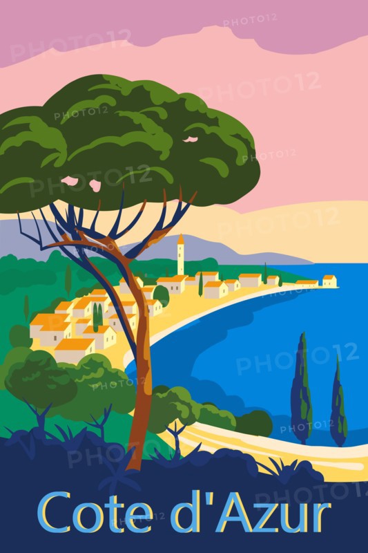 Cote d Azur of France Travel poster retro old city Mediterranean sea vacation Europe. Holiday summer voyage seaside sunset. Vintage style vector