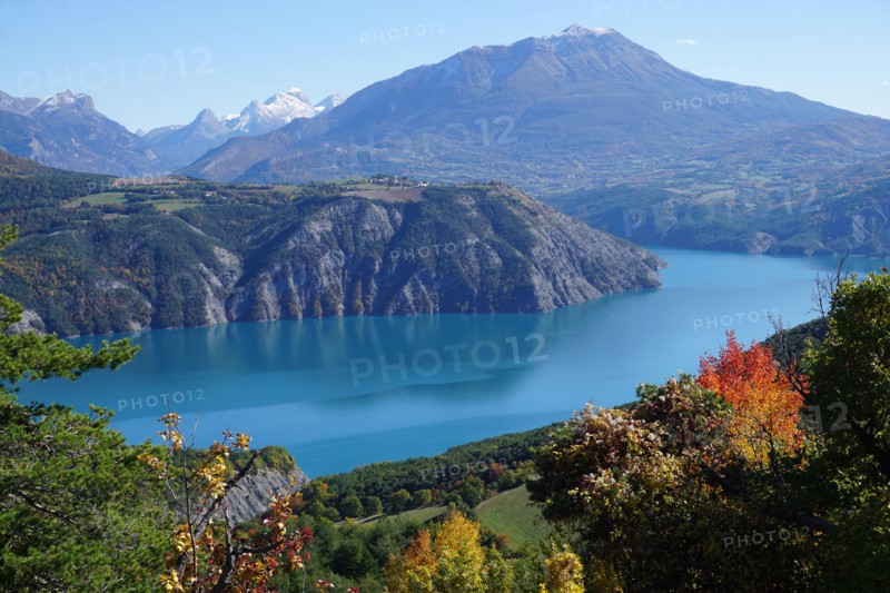 panoramic view of Serre Ponçon lake, France on a fall day