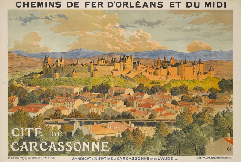 A vintage travel poster for Carcassonne, France