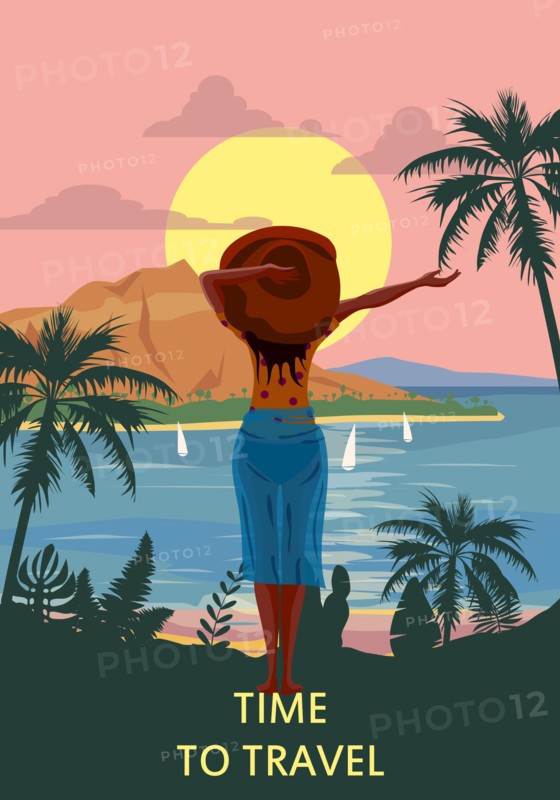 Woman on seaside resort in beachwear red hat enjoing rest. Vacation tropical palms exotic flora, sea, ocean. Vector illustration retro, vintage