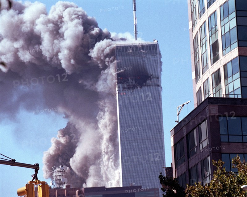 World Trade Center terrorism on September 11, 2001. Tower number two collapses