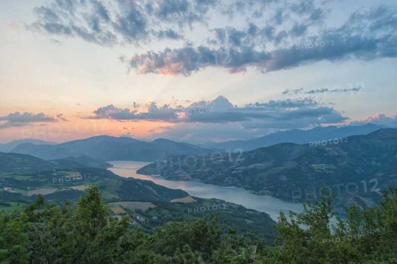 Lac de Serre Ponçon at sunset, taken from Saint-Vincent-les-Forts