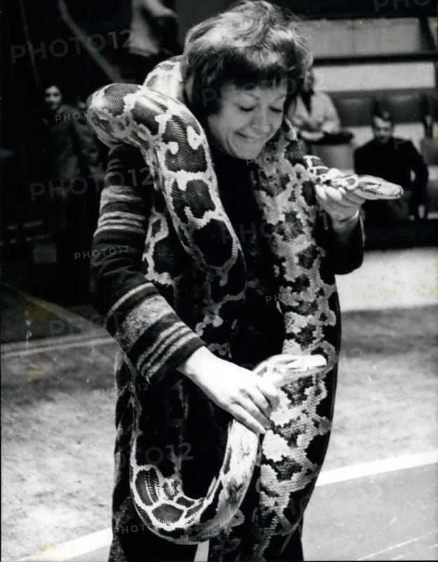 Apr. 04, 1970 - Regine as snake charmer: Regine, the famous French singer entertainer is back in Paris after a singing tour in America. She will participate in the annual charity show organised by the Union of artists. Photo shows Regine rehearsing her act as a snake charmer.