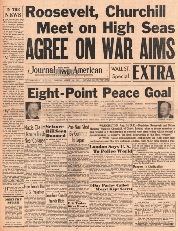 1941 New York Journal American front page reporting Winston Churchill and Roosevelt's Atlantic Charter talks