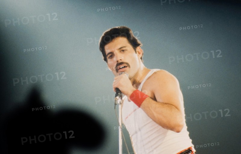 LEIDEN, THE NETHERLANDS - NOV 27, 1980: Freddy Mercury singer of the british band Queen during a concert in the Groenoordhallen