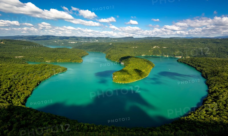 Aerial view, lake, Lac de Vouglans, lakes, wooded peninsula, green water, Cernon, France, Franche-Comte, France, Europe, Aerial