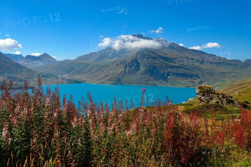 Col de Mont Cenis mountain pass between France and Italy with large lake, reservoir,