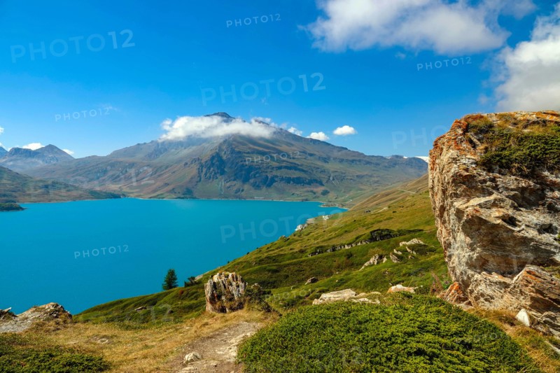 Col de Mont Cenis mountain pass between France and Italy with large lake, reservoir,