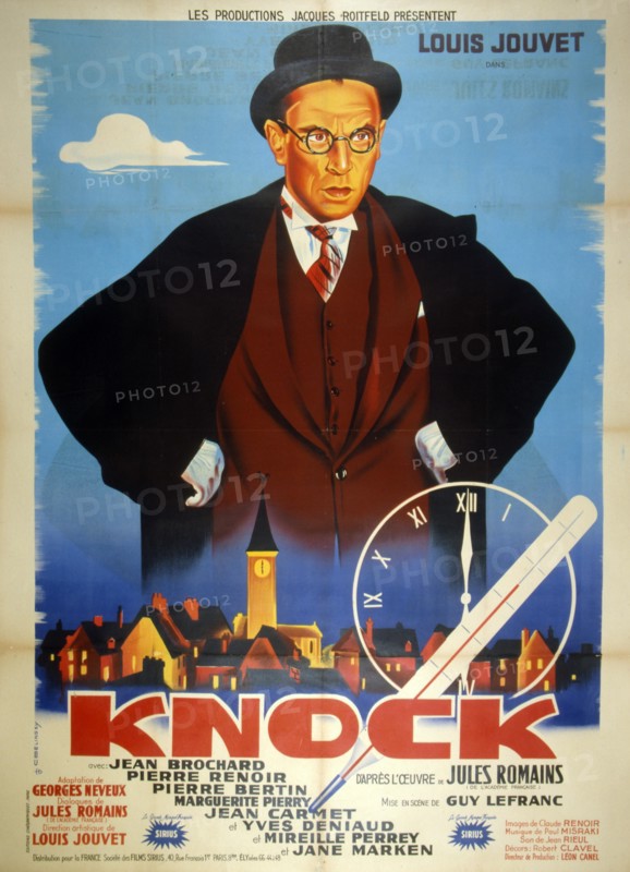 French film poster for 'Dr. Knock' (original title Knock) a French comedy film, from 1951, directed by Guy Lefranc, written by Georges Neveux, and starring by Louis Jouvet. It also features an unaccredited appearance by Louis de Funes. The movie is based on the 1923 theatre play Knock ou le Triomphe de la medicine (Knock or The Triumph of Medicine) by Jules Romains.