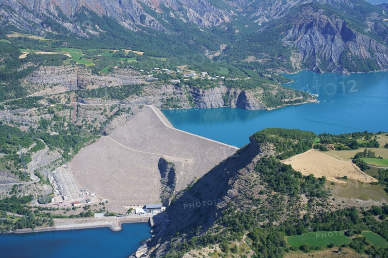 DAM OF LAKE SERRE-PONÇON; A WATER STORAGE FROM THE DURANCE & UBAYE RIVERS (aerial view). In Rousset (right bank) and La Bréole (left bank), France.