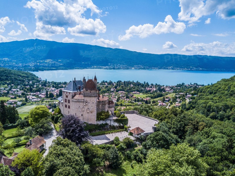 Annecy city, lake and castle from above, in southeastern France