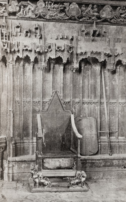 The Coronation Chair, Westminster Abbey, City of Westminster, London, England. Here seen with the Stone of Scone which was returned to Scotland in 1996. From Their Gracious Majesties King George VI and Queen Elizabeth, published 1937.