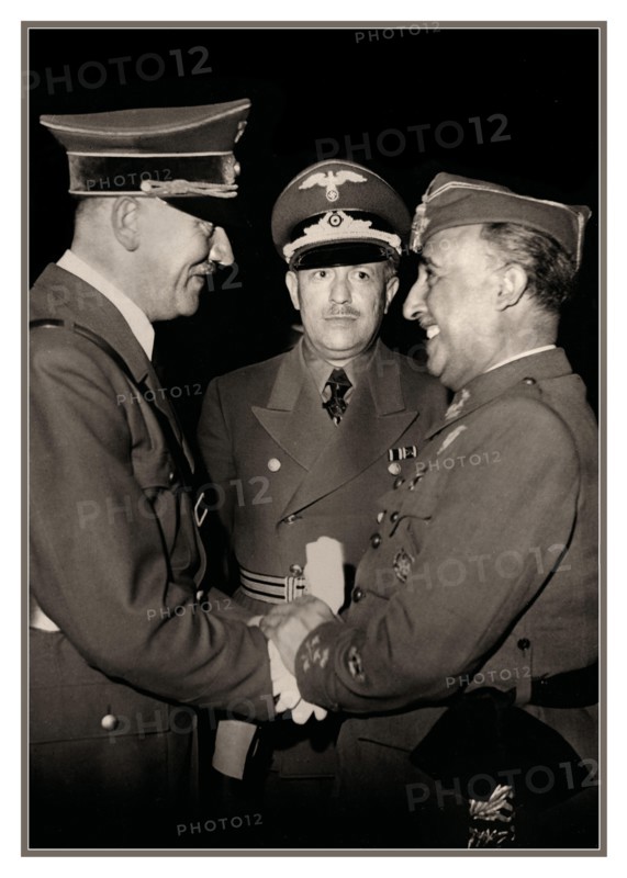 Adolf Hitler and Eberhard von Stohrer greeting General Franco at Hendaye, moments after arriving from his train at around 15:15. 23rd October 1940 Francisco Franco (1892 - 1975) Spanish general and dictator who governed Spain from 1939 to 1975 greeting Adolf Hitler, Nazi German dictator (1889 - 1945). meeting at Hendaye near the Spanish border.