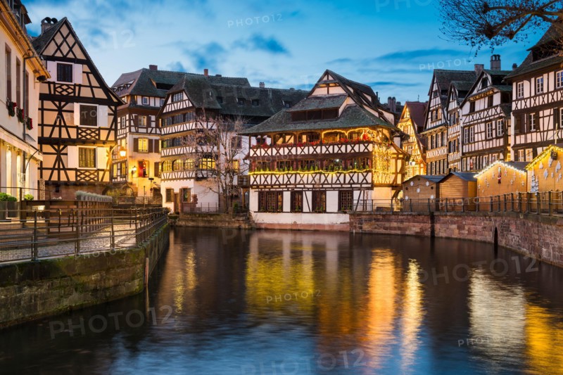Petite France district with Christmas decorations in Strasbourg, France