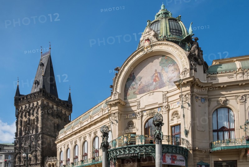 Exterior section of Municipal House, Prague, Czech Republic, a historic art nouveau building located in the Old Town, Prague.