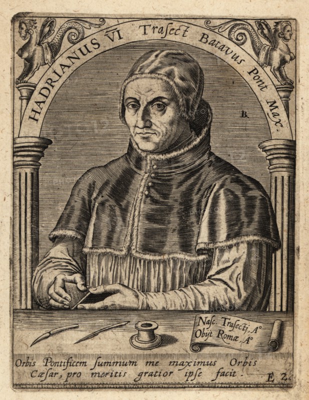 Pope Adrian VI, born Adriaan Florensz Boeyens, 1459-1523, was head of the Catholic Church and ruler of the Papal States. Hadrianus VI Traject Batavus Pont Max. Copperplate engraving by Johann Theodore de Bry from Jean-Jacques Boissard’s Bibliotheca Chalcographica, Johann Ammonius, Frankfurt, 1650.