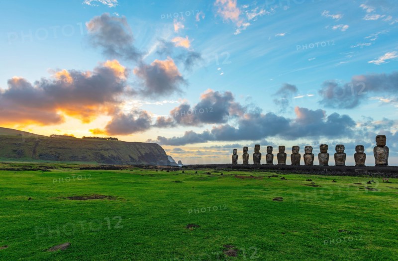 The Moai statues of Ahu Tongariki at Sunrise, Rapa Nui (Easter Island), Chile.