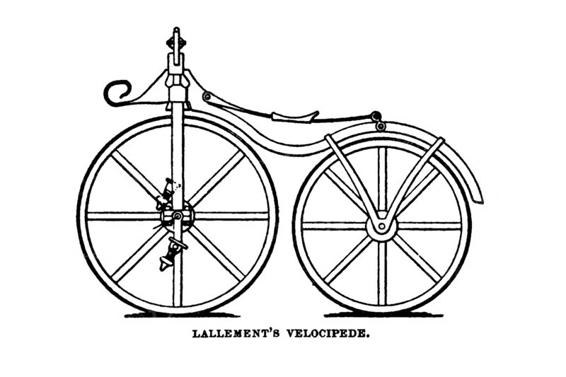 Lallement's Velocipede [Early bicycle with pedals on the front wheel] from The American bicycler: a manual for the observer, the learner, and the expert by Pratt, Charles E. (Charles Eadward), 1845-1898. Publication date 1879. Publisher Boston, Houghton, Osgood and company