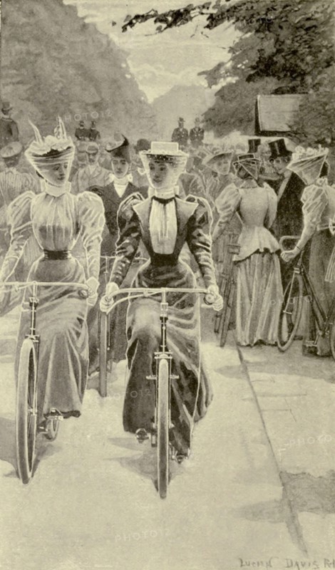 The latest Style of female cyclists from the book Cycling by The right Hon. Earl of Albemarle, William Coutts Keppel, (1832-1894) and George Lacy Hillier (1856-1941); Joseph Pennell (1857-1926) Published by London and Bombay : Longmans, Green and co. in 1896. The Badminton Library [Next thing you know they will want to vote ....]