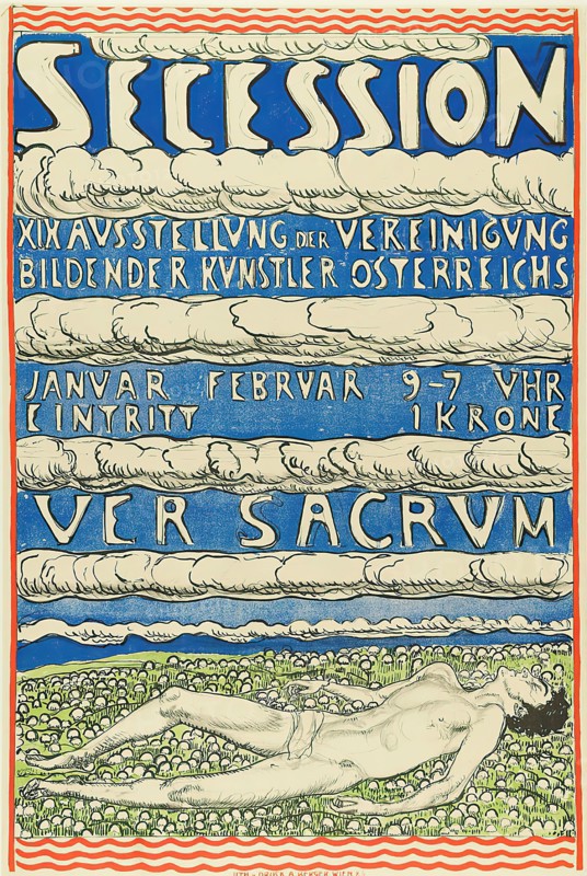 Ferdinand Hodler, Lithographic Institute Albert Berger, Secession. XIXth Exhibition of the Association of Austrian Visual Artists. Ver Sacrum, paper, lithograph, total: height: 94,5 cm; width: 63,6 cm, monogrammed: u. r. im Druck im Motiv: FH, exhibition posters, lying male nude, nude, lying figure, clouds, meadow, pasture