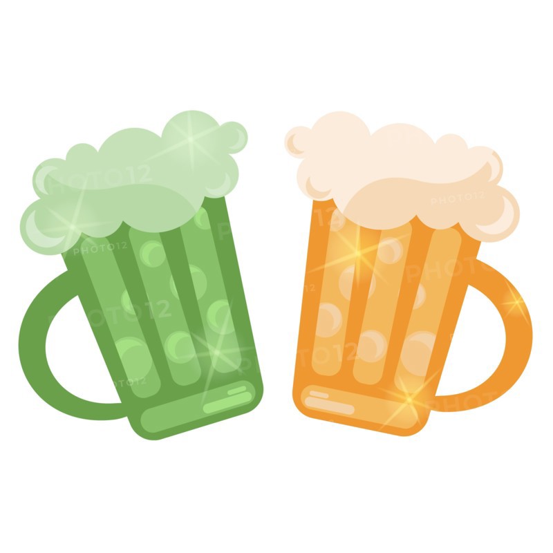 Pint of green ale and pint of beer isolated on white background close-up. Beer party symbol for St. Patrick's Day celebration.