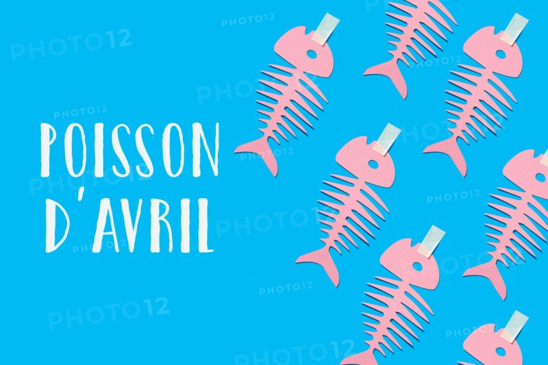 some homemade pink paper fishes and text fish of april written in french, the equivalent of april fools day in france, where it is popular to attach p