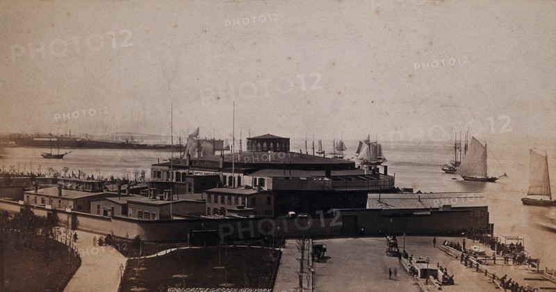 Castle Garden, Ellis Island, New York: the emigrant landing depot and offices. Photograph, ca. 1880.