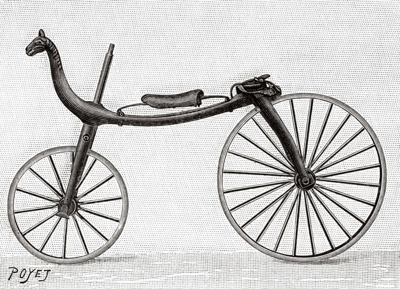 Velocipede. Balance bike made in 1820 in Onzain, Loir-et-Cher. Old 19th century engraved illustration from La Nature 1897