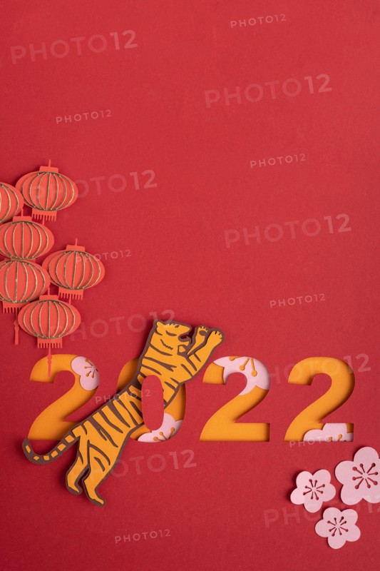 Chinese New Year. Decoration with traditional Chinese New Year motifs, cut out paper decorations on red cardboard background. Copy space.
