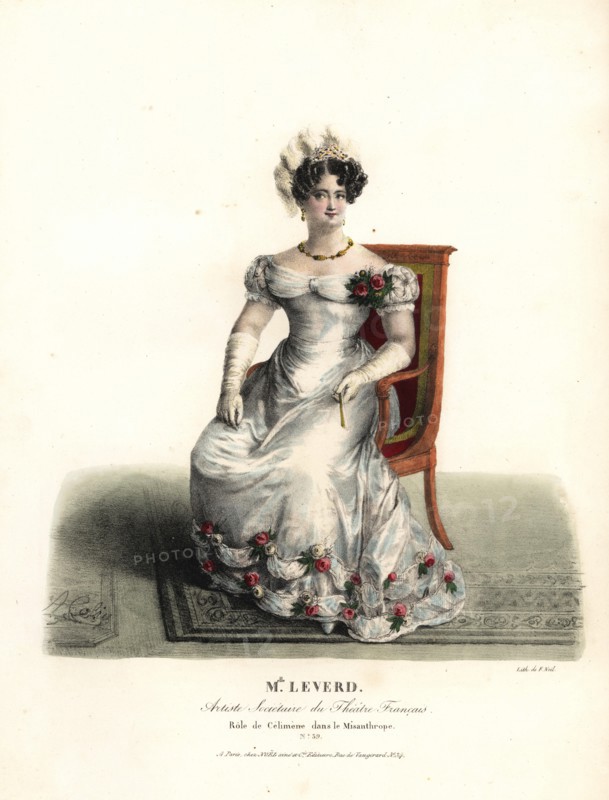 Dancer and actress Mlle. Emilie Leverd as Celimene in Le Misanthrope by Moliere, Theatre Francais, 1808. Handcoloured lithograph by F. Noel after an illustration by Alexandre-Marie Colin from Portraits d'Acteurs et d'Actrices dans different roles, F. Noel, Paris, 1825.