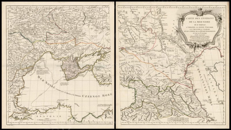 . Français : Charles Francois Delamarche: Carte Des Environs De La Mer-Noire ou se trouvent L'Ukrayne, La Petite Tartarie, La Circassie, La Georgie, Et Les Confins De La Russie Europeenne, Et De La Turquie. 1783. English: Hiighly detailed two sheet map of the region from Poland, the Ukraine and the Black Sea in the West to the Caspian Sea in the East. Includes large decorative cartouche. Engraved by Dussy and originally issued by De Vaugondy.  . Paris / 1783. Charles François Delamarche (1740-1817) Charles Francois Delamarche. Carte Des Environs De La Mer Noire ou se trouvent LUkrayne, La Peti