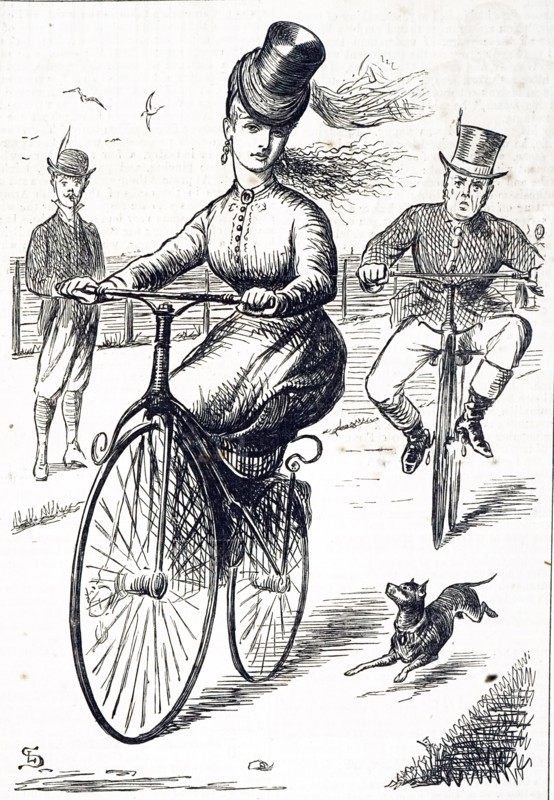 A cartoon depicting a couple cycling along the promenade. Dated 19th century