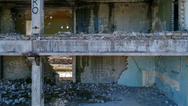 Rubbles on the floor from the ruined building that was damaged during the war in ukraine