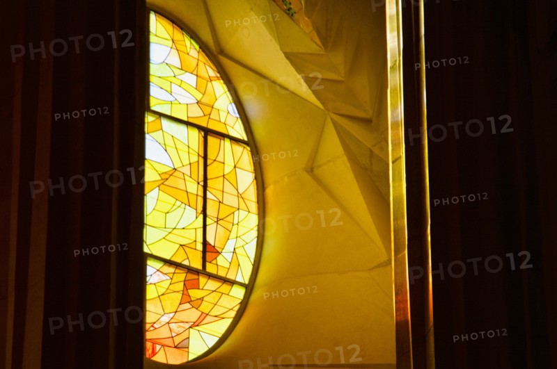 The stained glass windows inside of La Sagrada Familia in Barcelona, Spain