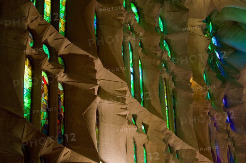 The stained glass windows inside of La Sagrada Familia in Barcelona, Spain