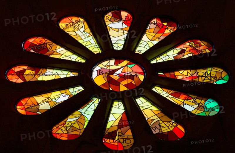 The stained glass windows inside of La Sagrada Familia in Barcelona, Spain