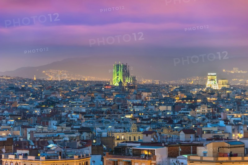 Barcelona Spain, aerial view night city skyline at city center