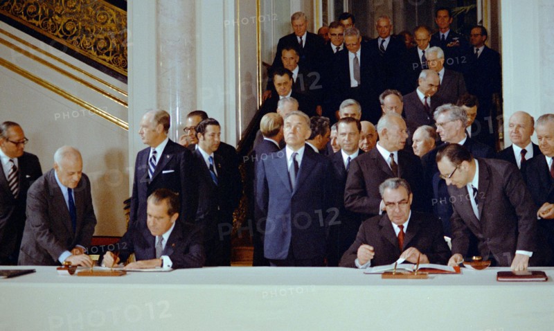May 26, 1972. President Nixon and General Secretary Brezhnev signing the (SALT 1) ABM Treaty (Limitation of Anti-Ballistic Missile Systems) and the Interim Agreement on strategic offensive arms in Moscow.