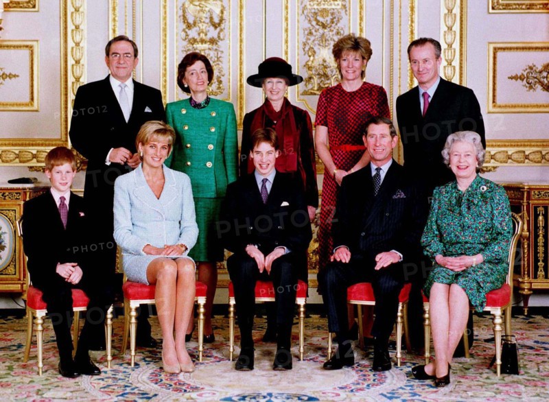 The official portrait of the Royal family on the day of Prince William's confirmation at Windsor Palace, on March 9th, 1997.  Featured in the photo are William, Prince Harry, the Prince and Princess of Wales, the Queen, King Constantine, Lady Susan Hussey, Princess Alexandra, the Duchess of Westminster and Lord Romsey.Photo.  Anwar Hussein
