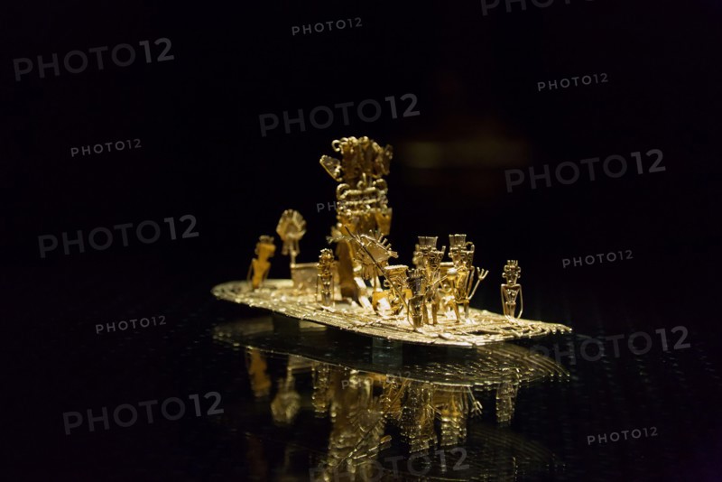 Selective focus shot of Muisca raft on display in the Gold Museum in the city of Bogota, Colombia
