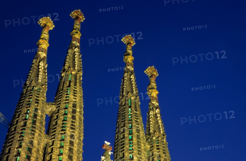 Spires of the Sagrada Familia cathedral at dusk, Barcelona, Spain.