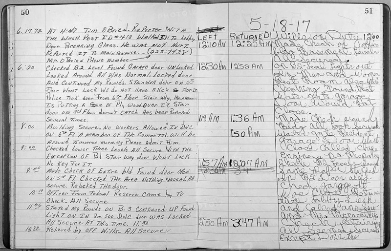 Security Officer's Log of the Watergate Office Building Showing Entry for June 17, 1972, Page 2/2