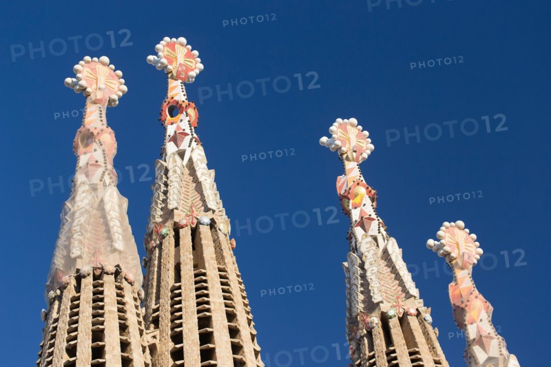 Gaudi Sagrada Familia Cathedral coloured spires in Barcelona, Spain.